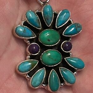 Turquoise, Green and Purple Mojave Sterling Silver Cluster Pendant